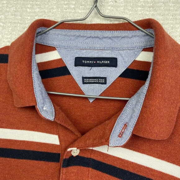 Tommy Hilfiger Performance Pique Polo Shirt Men orange Striped Golf /Tennis Read - Picture 8 of 16